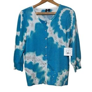 NWT Relativity Blue White Tie Dye Crystal button embellished cardigan. Women’s L